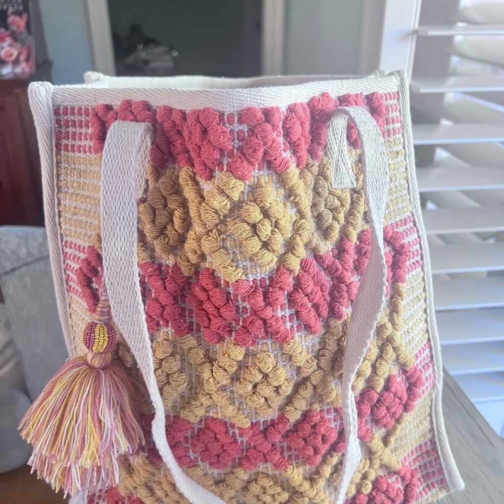 Universal Thread Orange Yellow Cream Chunky Embroidery Textured Tote NWOT Boho